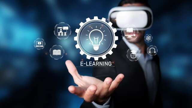 A businessman with virtual reality goggles presents a digital interface showcasing e-learning concepts, highlighting innovation in education and interactive training methods. Raster
