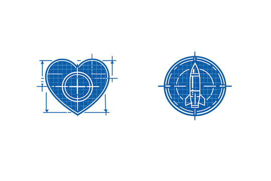 Two blueprint icons on a black background. One shows a heart with a target, and the other features a rocket ship inside a circle. Both include technical drawing lines and measurements.