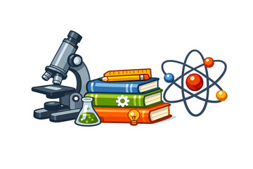 Naklejka premium A cartoon graphic displays various scientific tools including a microscope, a stack of books with a pencil, a flask of green liquid, and an atomic structure on a dark backdrop.