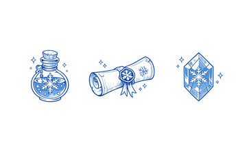 Three blue fantasy icons featuring a potion bottle, a sealed scroll, and a faceted crystal, each decorated with a snowflake motif and surrounded by small sparkles. © Alan