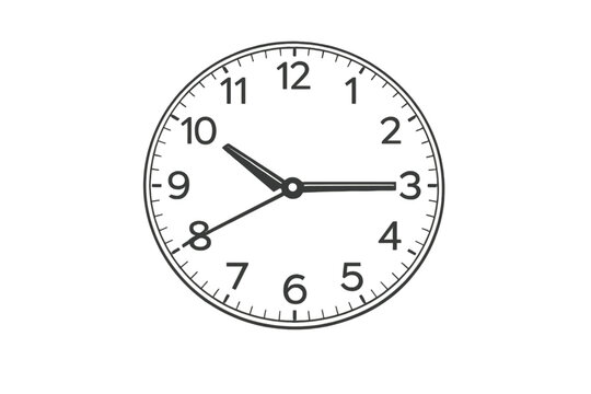 This minimalist line art illustration shows an analog clock face with numbers from one to twelve. The hands indicate the time is approximately ten fifteen and forty seconds.