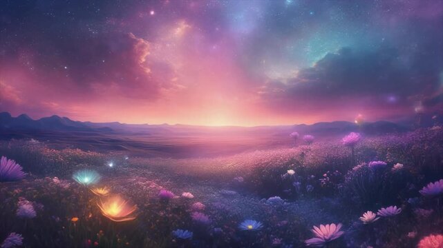 Magical field of glowing flowers under a vibrant pink and purple galaxy sky at sunset, fantasy dreamscape