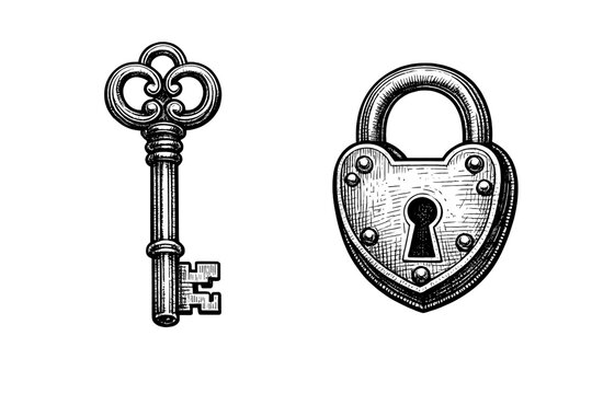 This detailed black and white engraving style illustration features an ornate skeleton key and a heart-shaped padlock, both isolated on a solid black background.