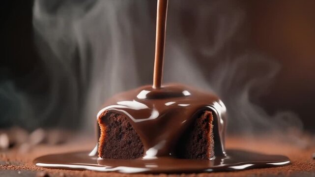 Rich chocolate brownie with hot fudge pouring over, steam rising, decadent dessert indulgence