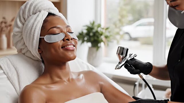 Airbrush Tanning Treatment - A woman wearing protective eyewear and a towel is receiving an airbrush tanning treatment in a spa.