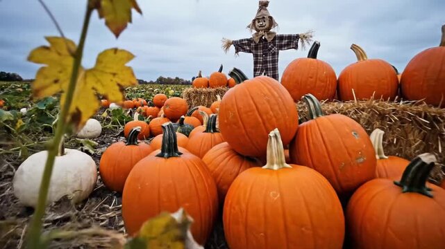 Harvest time at a pumpkin patch with pumpkins, a scarecrow, and cloudy skies