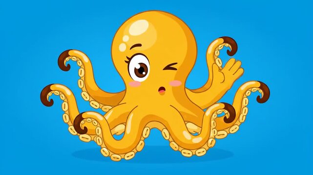Adorable Cartoon Octopus character, a friendly yellow sea creature illustration on a bright blue background for children's media.