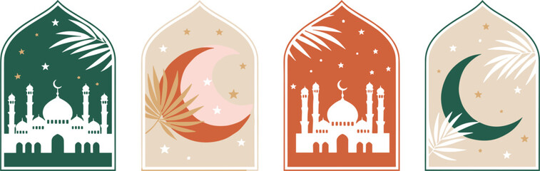  Serene minimalist Eid Mubarak card vector bundle featuring mosque silhouette palm leaves crescent moon stars in green orange beige styles © AnjueManAra