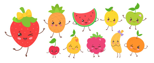 Vector illustration of cute fruits with smiling faces and accessories. Flat isolated fruit object collection.