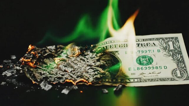 Burning a one dollar bill in a dark setting with flames rising and smoke forming on the edges of the currency
