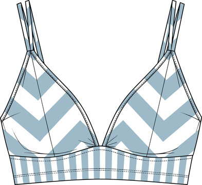 Cad drawing flat vector illustration, women&rsquo;s bralette fashion flat, technical garment sketch, lingerie design, chevron pattern, striped underband, apparel
