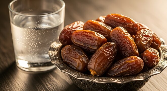 A bowl of delicious dates sits next to a refreshing glass of water.