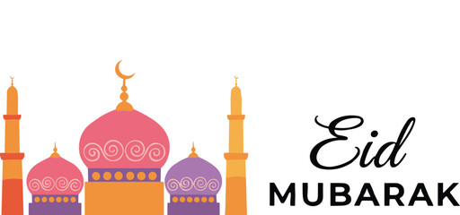 Colorful Eid Mubarak greeting vector with vibrant mosque domes minarets crescent moon and festive Islamic celebration design © AnjueManAra