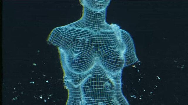 3D wireframe model of statue displayed in digital art show in New York at evening event