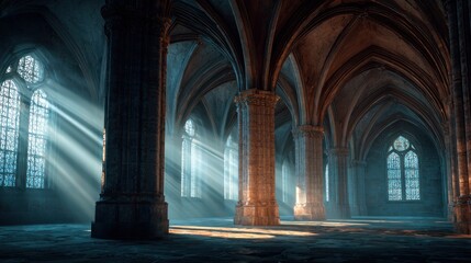 Dramatic interior scene with arches columns and sunlight streaming through windows