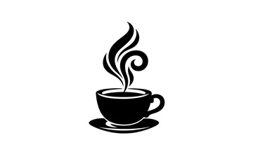 Obraz premium This minimalist white line art illustration features a steaming cup of coffee or tea on a saucer, set against a solid black background. It is a simple and elegant graphic design.