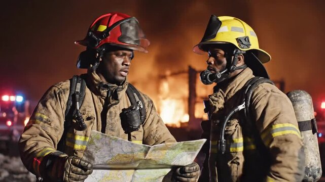 Firefighters study a map as they respond to a fire at night in an urban area while emergency vehicles are present