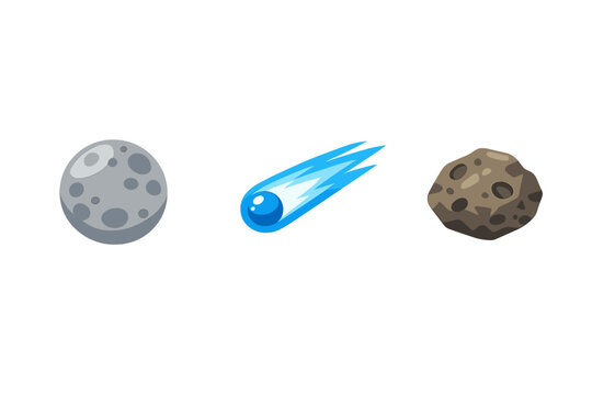 A set of three cartoon celestial objects including a grey cratered moon, a blue streaking comet, and a brown rocky asteroid isolated on a solid black background.