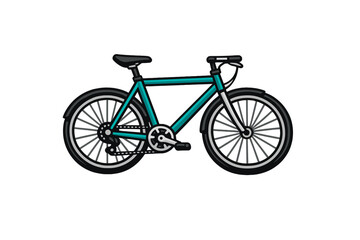 Fototapeta premium A flat vector illustration of a teal bicycle with black tires and a sleek frame, isolated on a solid black background. The design features detailed wheels, pedals, and handlebars.