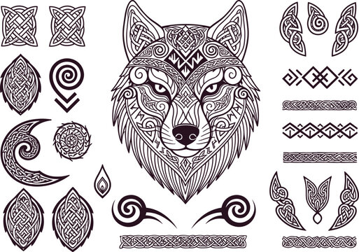 Intricate Celtic Wolf Mandala Vector Set Featuring Nordic Knotwork, Mystic Runic Symbols, Tribal Borders, and Monochrome Spirit Animal Illustration for Tattoo and Craft Design