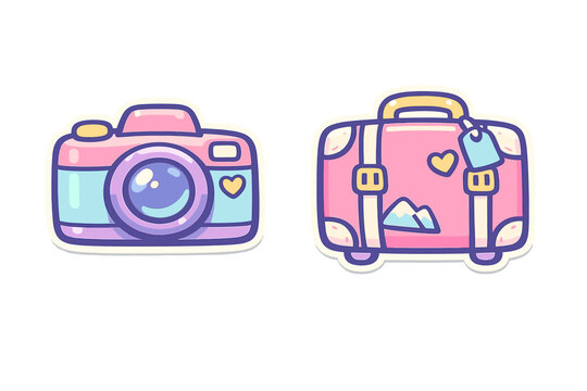 A set of two kawaii travel stickers including a pink camera and a suitcase with heart and mountain details. The illustrations feature pastel colors and a thick white border.