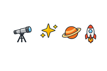 A collection of four space-themed icons including a telescope, yellow stars, a ringed planet, and a launching rocket ship, all set against a solid black background in a flat style. © Andrei
