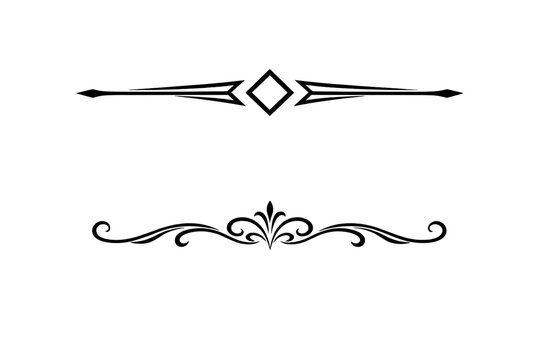Two black decorative horizontal dividers are shown on a white background. The top one is geometric with a diamond center, while the bottom one features ornate floral swirls and curves.