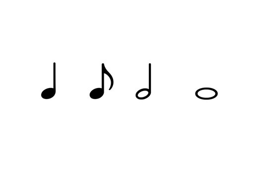 A collection of four musical note symbols, including a quarter note, eighth note, half note, and whole note, displayed as white icons against a solid black background.