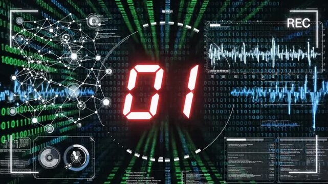 Countdown timer displays six seconds with digital design, sound waves, and binary code on a screen in a tech setup