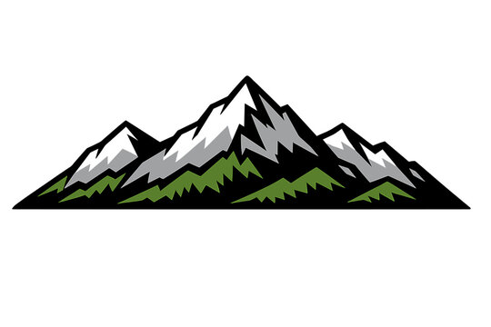This stylized graphic depicts a series of sharp, angular mountain peaks in grey and green colors. The minimalist design is presented on a plain black backdrop for high contrast.