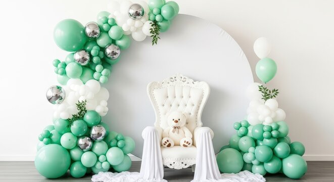 Elegant baby shower decoration with green and white balloon arch, luxury chair and teddy bear in pastel party setup for celebration