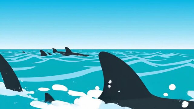 Powerful orcas surfacing in the deep blue sea, an illustrated view of marine life for environmental campaigns and educational videos.
