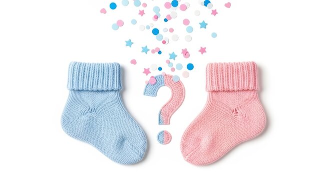 Blue and pink baby socks with question mark and confetti on white background, gender reveal concept