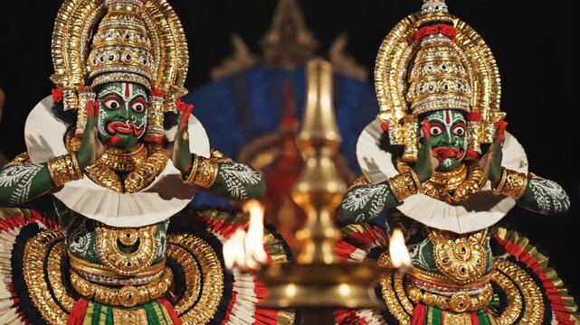 two indian kathakali dancers performing traditional art behind burning oil lamp. green face makeup and gold costume. kerala culture. travel brochure, cultural event promotion.