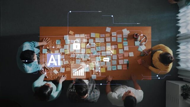 Collaborative Brainstorming Session with AI Icons and Sticky Notes for Innovation and Strategy Development in Modern Workspaces Gluon.