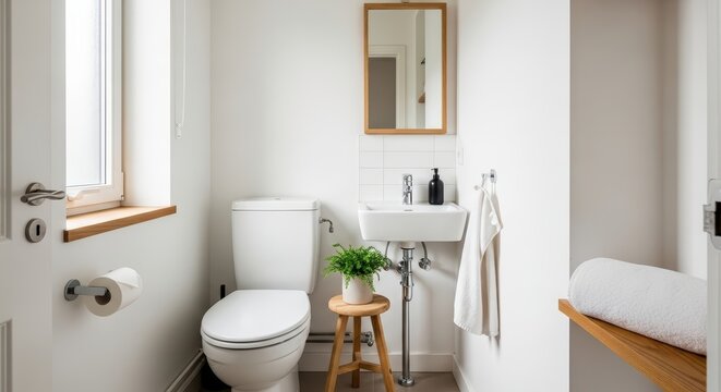 Small bathroom interior with white toilet, sink, mirror and plant in bright scandinavian style