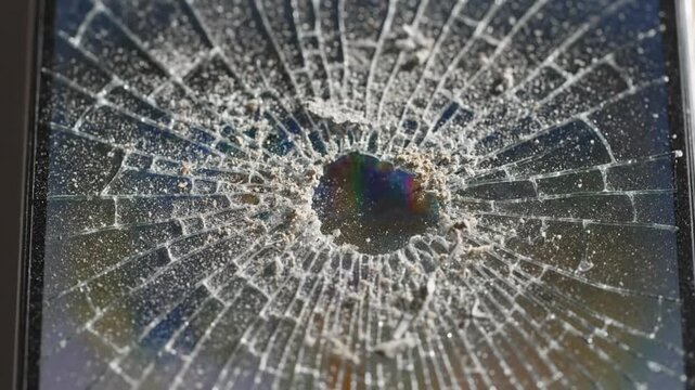 Close up of broken phone screen showing cracks and dust in the background at a remote location