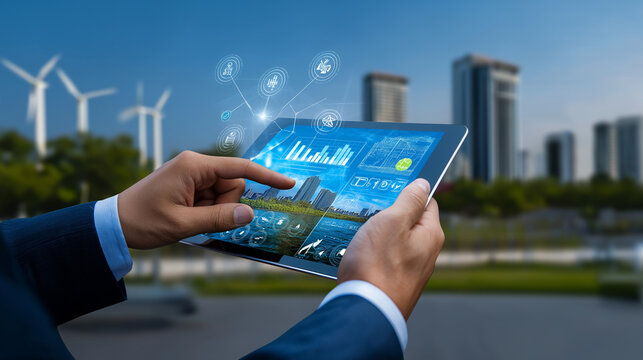 AI generator images of Smart energy and digital transformation in the industrial sector focus on using technology to manage energy. Tablets display real-time data on energy production and consumption,