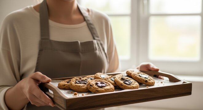 Serving freshly baked chocolate cookies on wooden tray