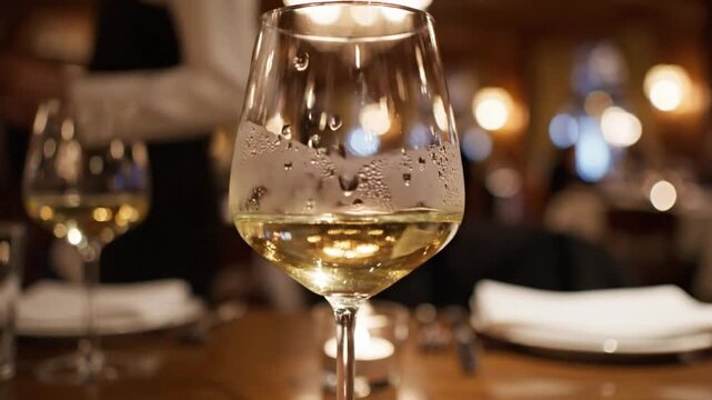 Glass of white wine on a table in a restaurant with plates and silverware