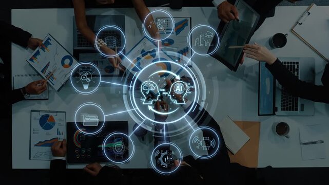 A diverse group of professionals engaged in a collaborative meeting discussing AI technologies, data analysis, and innovative business strategies in a modern workspace. Raster