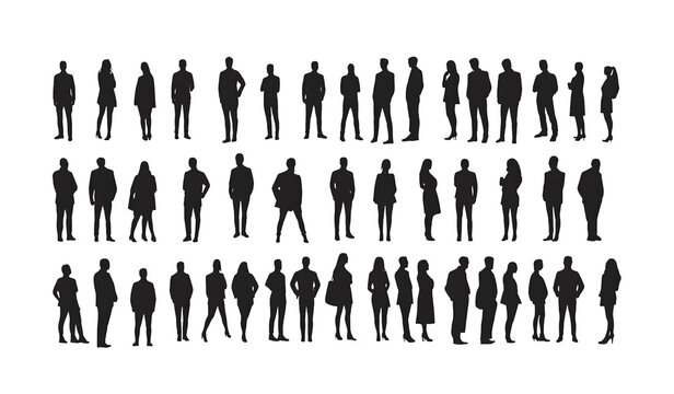 Diverse group of people silhouettes standing in rows with various poses and body types isolated on a transparent background