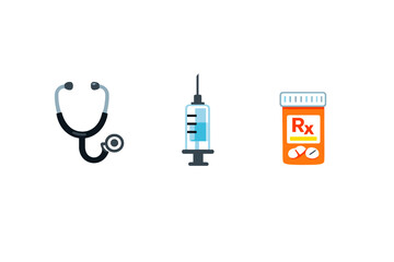 A collection of medical icons including a black stethoscope, a syringe filled with blue liquid, and an orange prescription pill bottle with an Rx label on a solid black background.