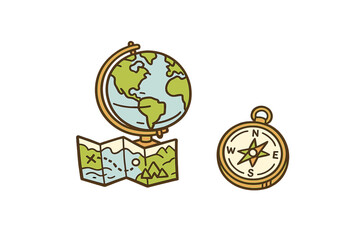 A flat illustration featuring a world globe on a stand, a folded paper map with a treasure mark, and a classic compass, all set against a solid black background for a travel theme.