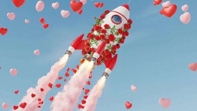 Red and white rocket decorated with roses launching into blue sky, with pink and red hearts floating around. Valentines Day love concept.