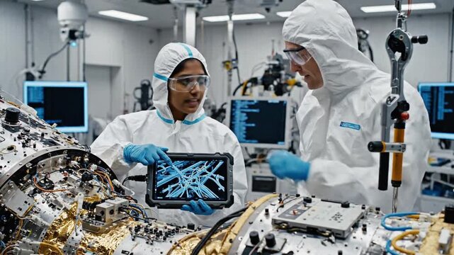 Engineers work on advanced technology in clean room at research facility for aerospace projects