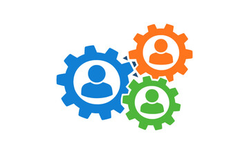 Obraz premium An illustration of three colorful interlocking gears with human icons inside, representing professional collaboration, teamwork, and organizational synergy on a black background.