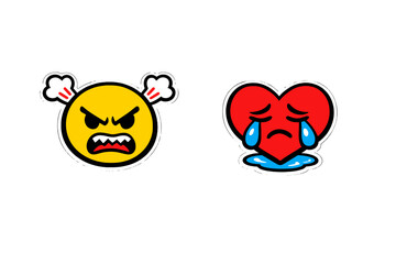 Obraz premium A yellow angry face emoji with steam coming from its ears sits next to a red heart emoji that is crying blue tears. Both illustrations feature bold outlines on a black background.