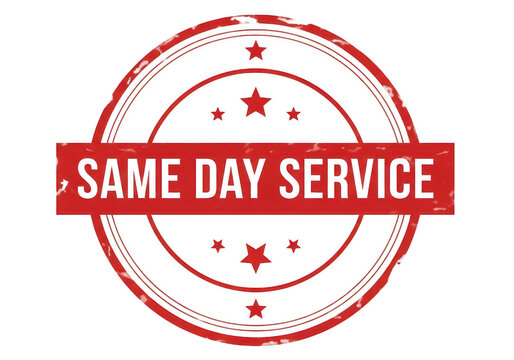 Red same day service stamp with white text isolated on transparent background