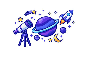 A cartoon illustration of outer space featuring a purple ringed planet, a telescope, a rocket ship, a crescent moon, and various stars against a solid black background. © Alan